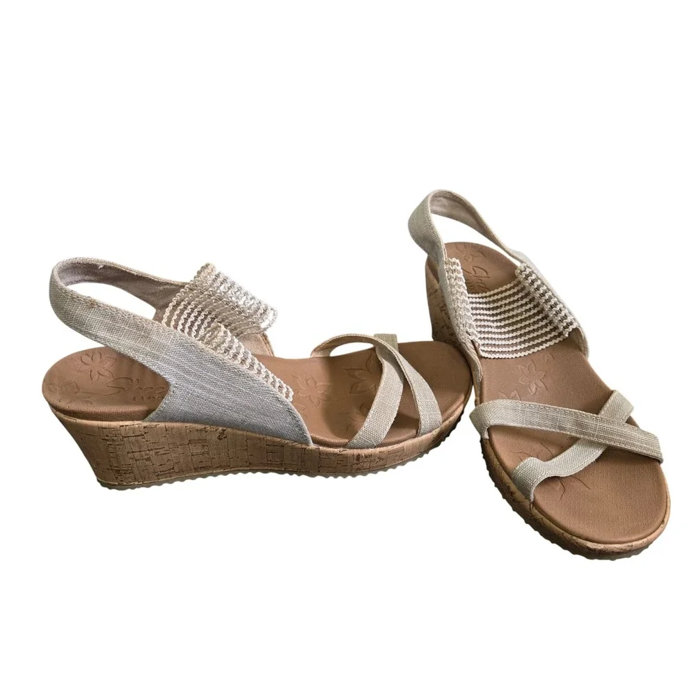 Skechers Rumble On Night Sky Wedge Sandals Natural Beige 31723 Womens 9